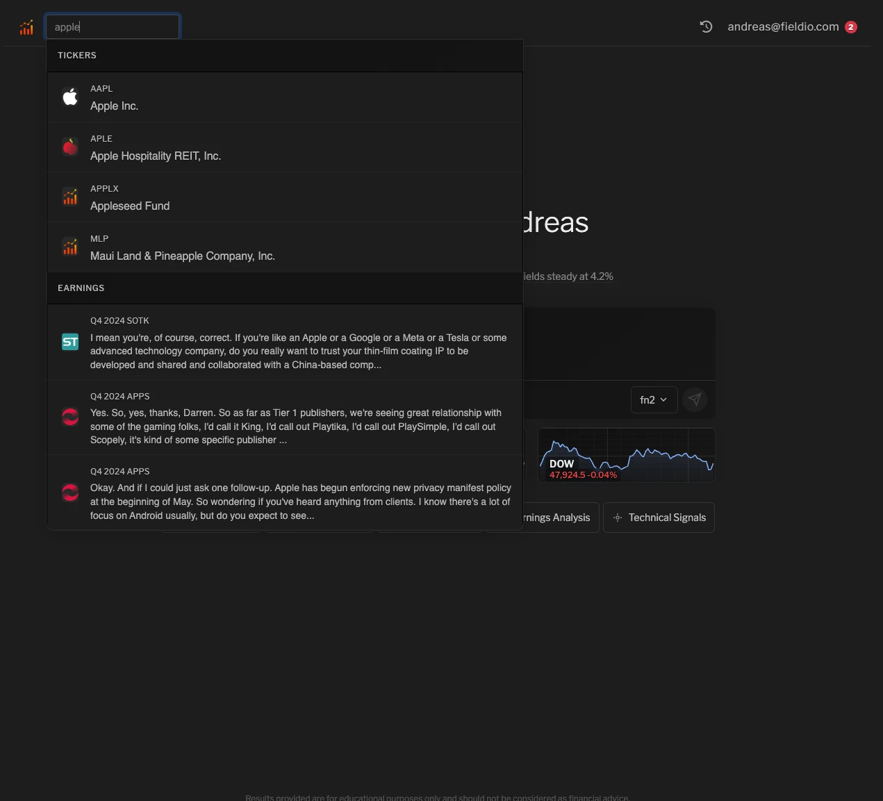 Stock search interface